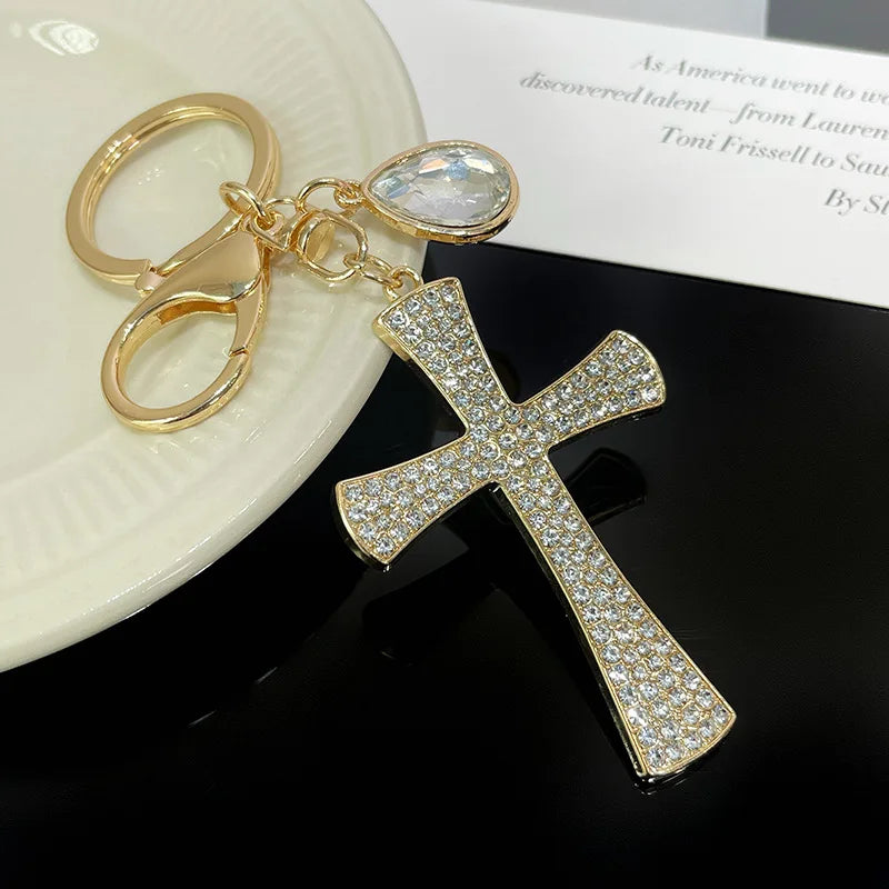Women Trendy Cross Key Ring European Style Full Crystals Cross Shaped Car Keychain Fashionable Bag Accessory Gift