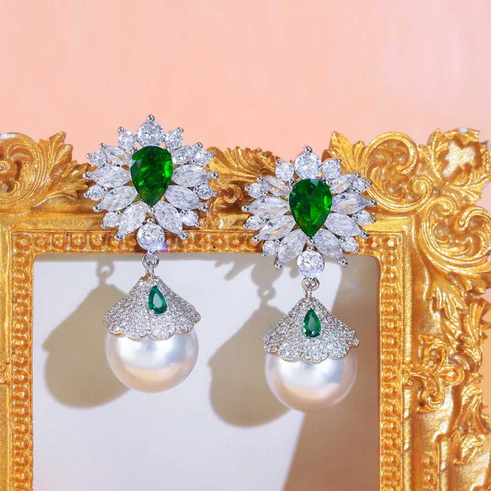 ThreeGraces Luxury Shiny Green Zircon Big Simulated Pearl Long Wedding Bridal Earrings for Women Vintage Party Jewelry E1921