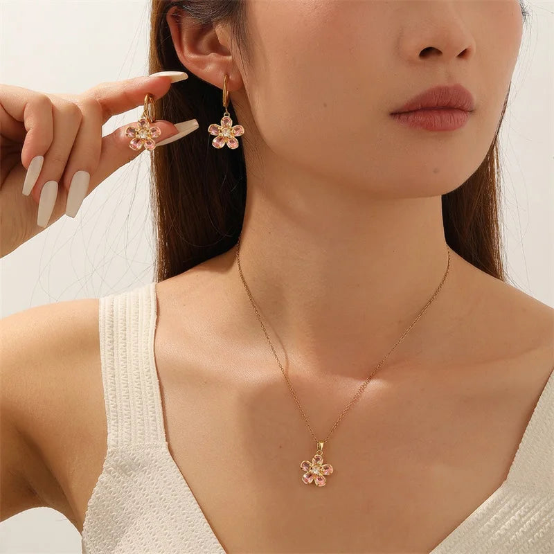 EILIECK Women's Trendy Floral Pink Zirconia Pendant Necklace Stainless Steel Neck Chain Daily Water-resistant Jewelry Lady Gift