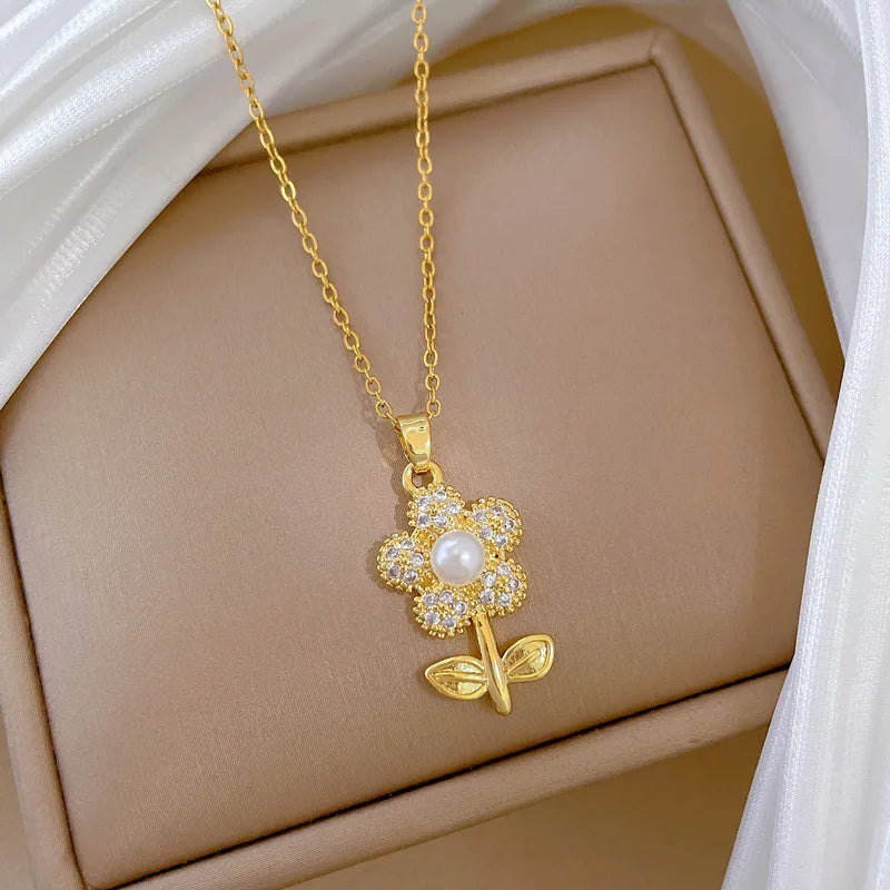 Sparkling Luxury Cubic Zirconia Pearl Flower Pendant Stainless Steel Women's Necklace Fashion Waterproof Jewelry Gift