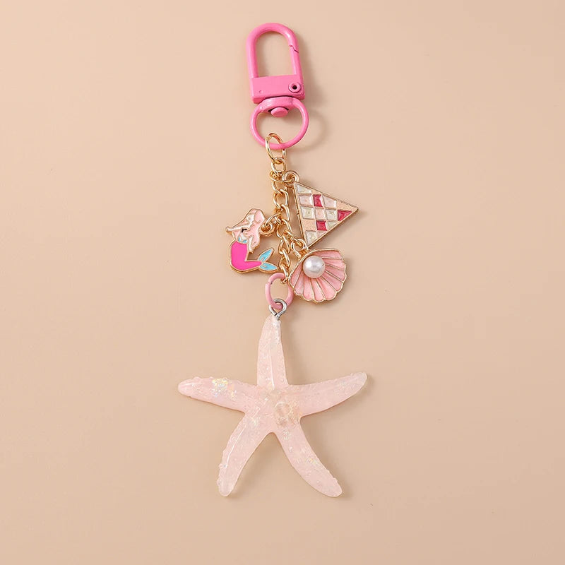 Pretty Mermaid Starfish Shell Keychain Marine Life Key Ring Women Girls Handbag Pendants DIY Jewelry Gifts