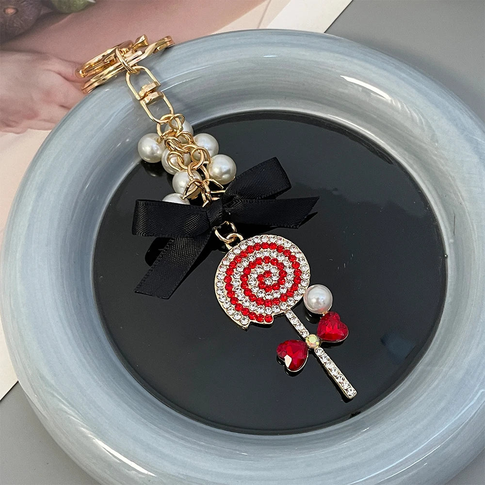Cartoon Anime Love Pearl Blue Crystal Bow Lollipop Keychain Souvenir Gift for Family Friends