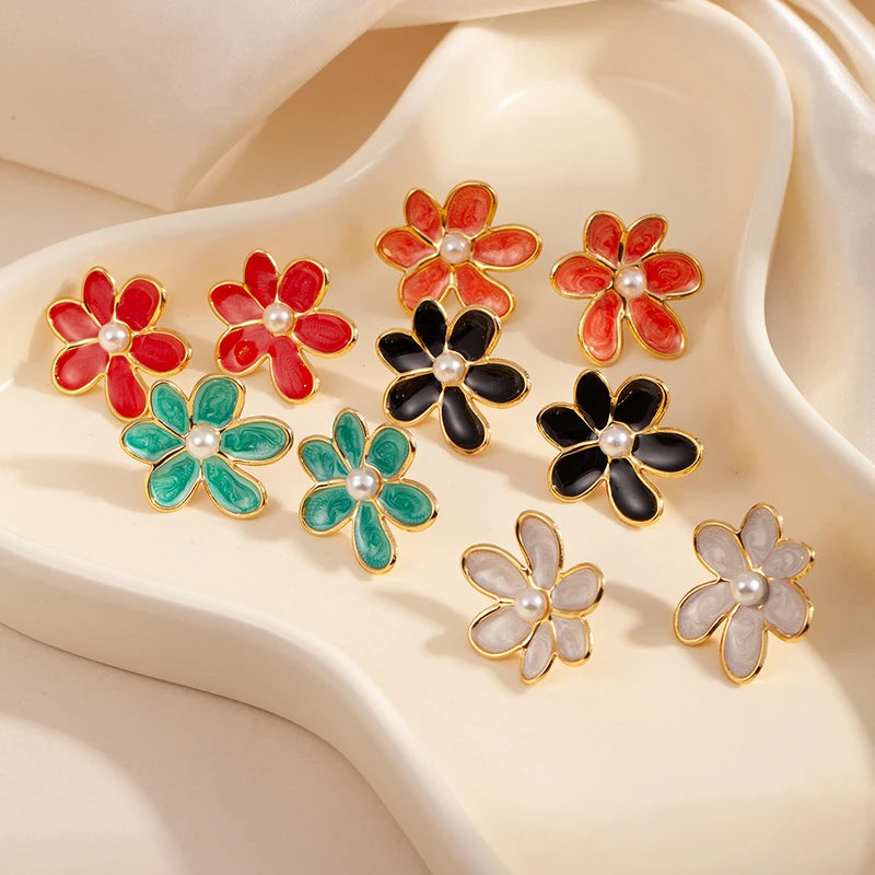 ANENJERY 316L Stainless Steel Colorful Enamel Flower Butterfly Earrings For Women French Delicate Elegant Jewelry Birthday Gifts