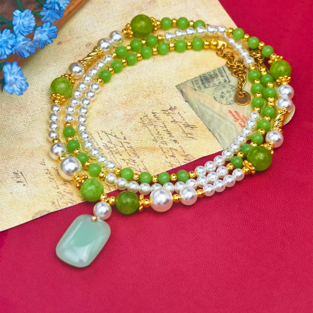 NEW Green stone Beaded Pearl Necklace for Women Golden Lucky Pendant Necklace Boho Vintage Wedding Party Daily Wear Jewelry Gift