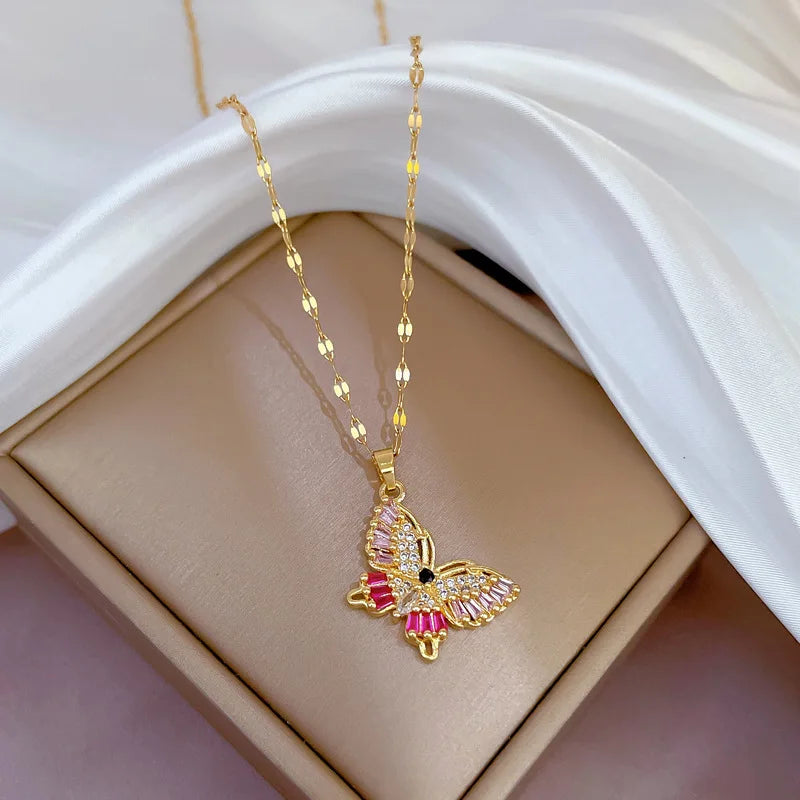 Stainless Steel Elegant Statement Butterfly Pendant Necklace Rhinestone Chain for Women Bling Crystal Choker Party Jewelry