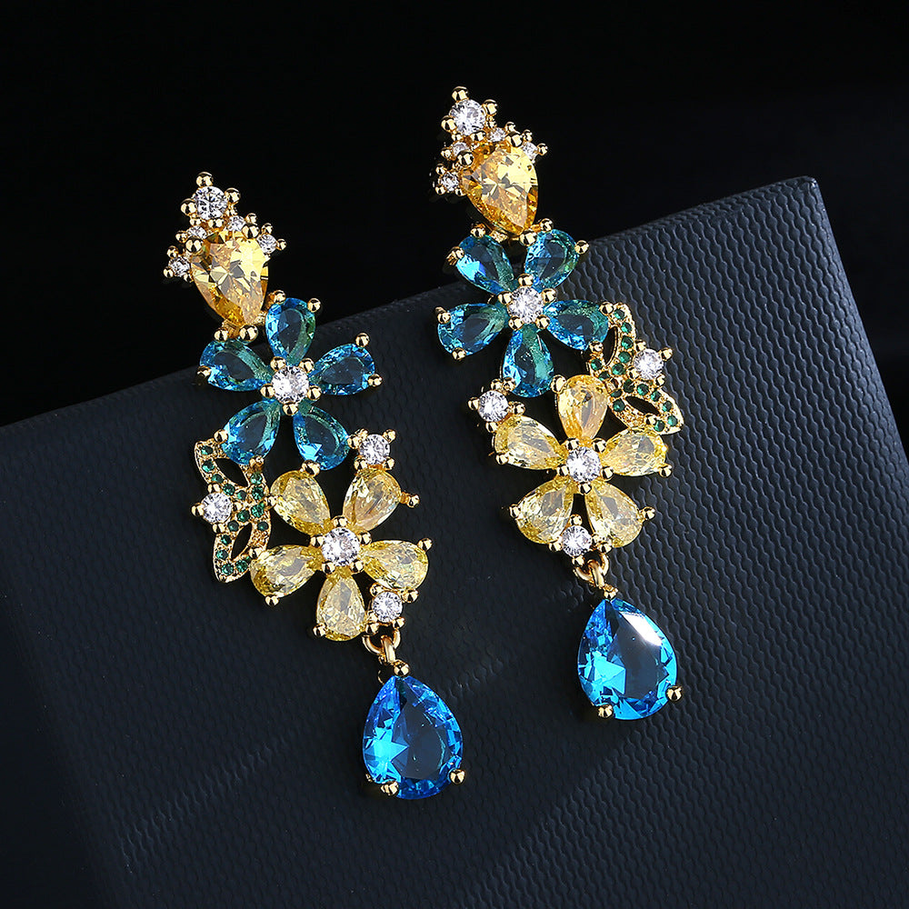 Bohemian colorful zircon flower earrings 925 silver needle fashion heavy industry new personality earrings female wholesale