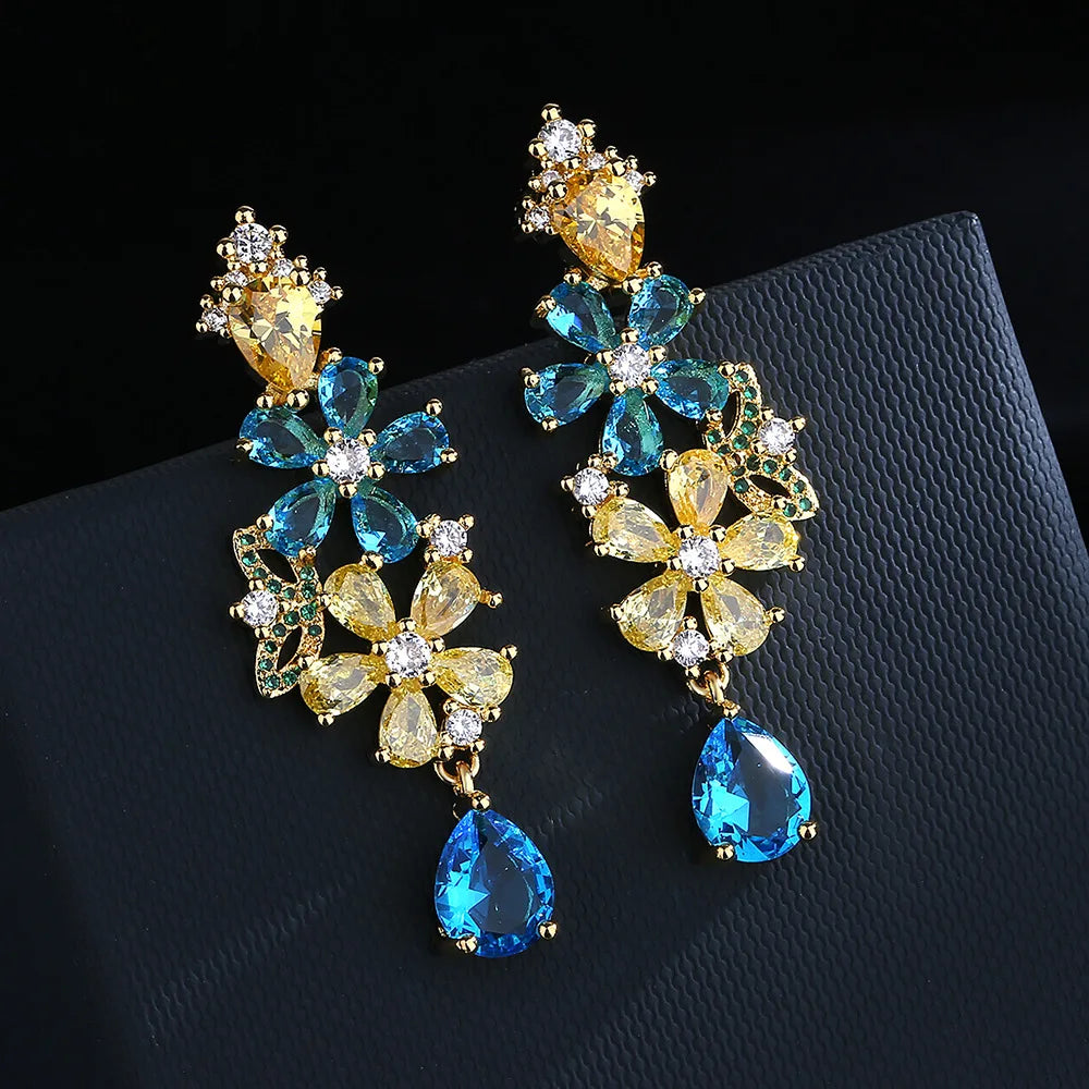 Bohemian colorful zircon flower earrings 925 silver needle fashion heavy industry new personality earrings female wholesale