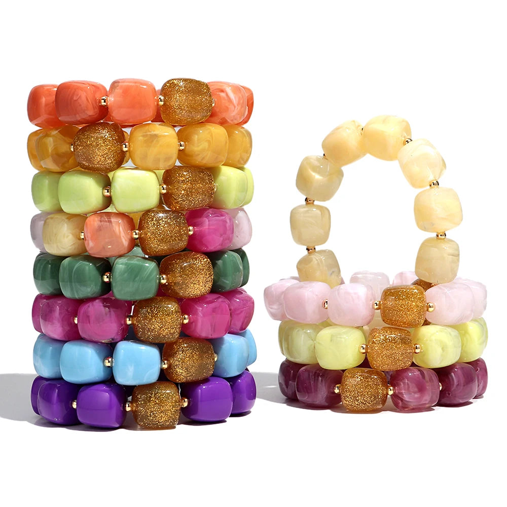 Trendy Resin Square Beaded Elastic Bracelets Colorful Geometric Beads Stretch Bangle Bracelet 2026 New Jewelry