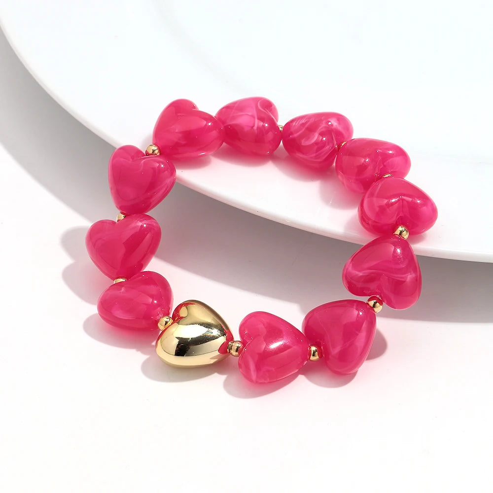 Sweet Resin Love Heart Beads Elastic Bracelets for Women Cute Geometric Heart Shape Stretch Bracelet Party Jewelry Gifts