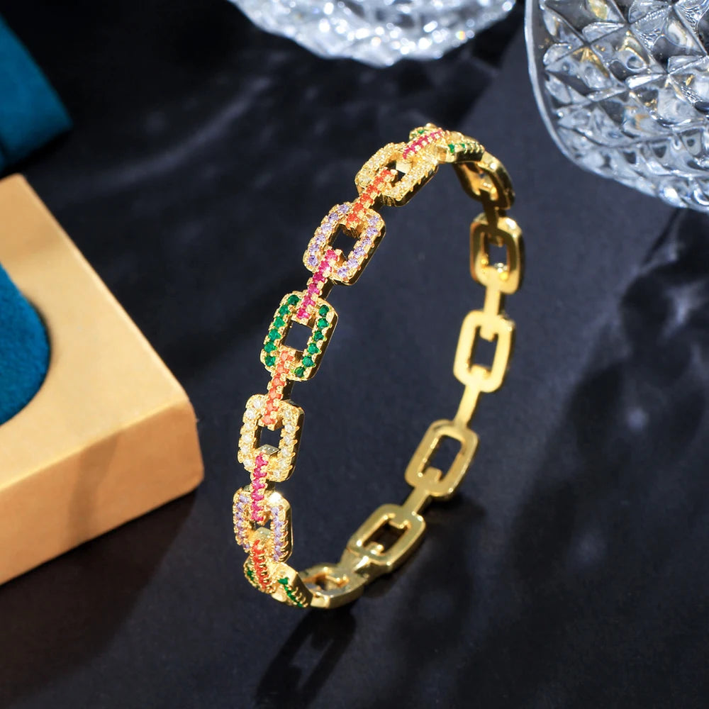 ThreeGraces Fashion Shiny Multicolor Cubic Zirconia Geometric Cuban Link Chain Cuff Bangle for Women Trendy Party Jewelry B077