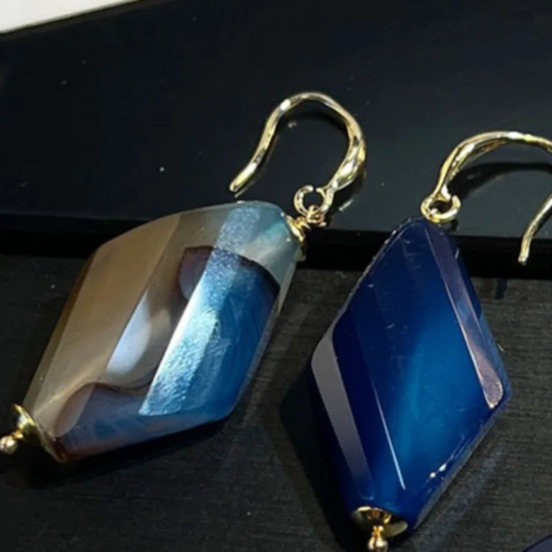 NISHIZAWA 2 Pieces Jewelry Sets Blue Agates Irregular Geometric Vintage Jewelry Palace Style Elegant Fashion Pendientes Mujer