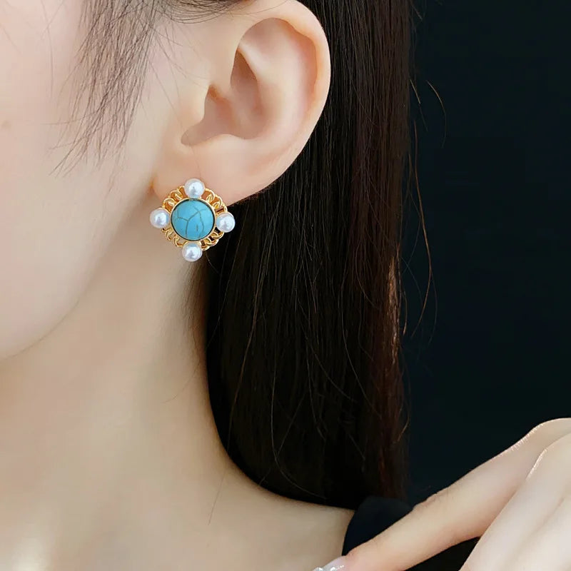 NISHIZAWA Pearls Stud Earrings for Women Geometric Sweet Korean Fashion Jewelry Elegant Vintage Simple Aretes De Mujer
