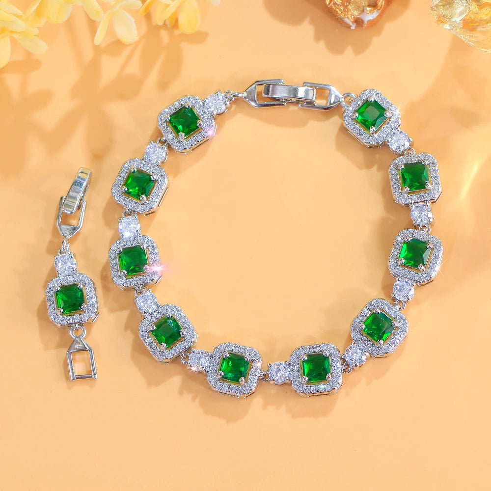 ThreeGraces Trendy Elegant Shiny Pink Green Square Zirconia Bridal Wedding Party Link Chain Bracelet Jewelry for Women BR600