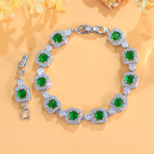 ThreeGraces Trendy Elegant Shiny Pink Green Square Zirconia Bridal Wedding Party Link Chain Bracelet Jewelry for Women BR600