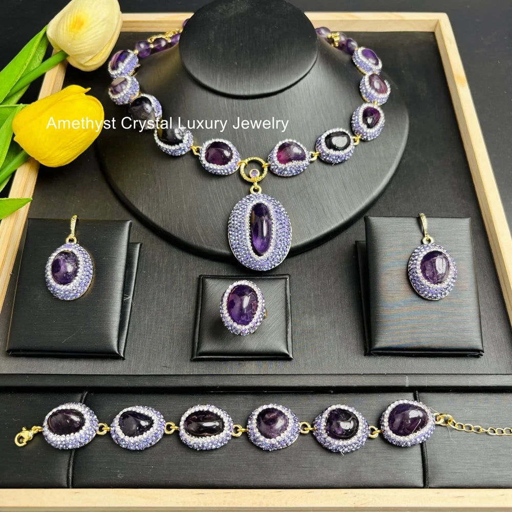 Luxury Rough Amethyst Jewelry Set Exquisite Four-piece Sets Handmade Inlaid Rhinestone Crystal Jewelry for Women Wedding