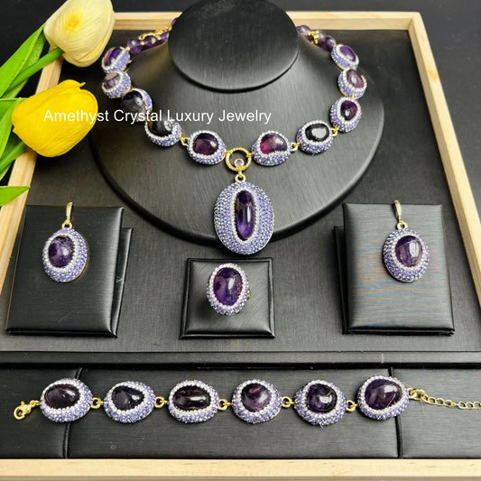 Luxury Rough Amethyst Jewelry Set Exquisite Four-piece Sets Handmade Inlaid Rhinestone Crystal Jewelry for Women Wedding