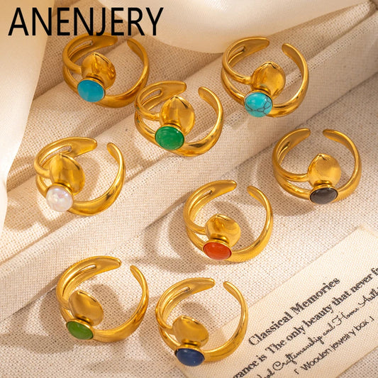 ANENJERY 316L Stainless Steel Colorful Stone Water Droplets Open Ring for Women Personality Niche Jewelry Niche Gifts Wholesale