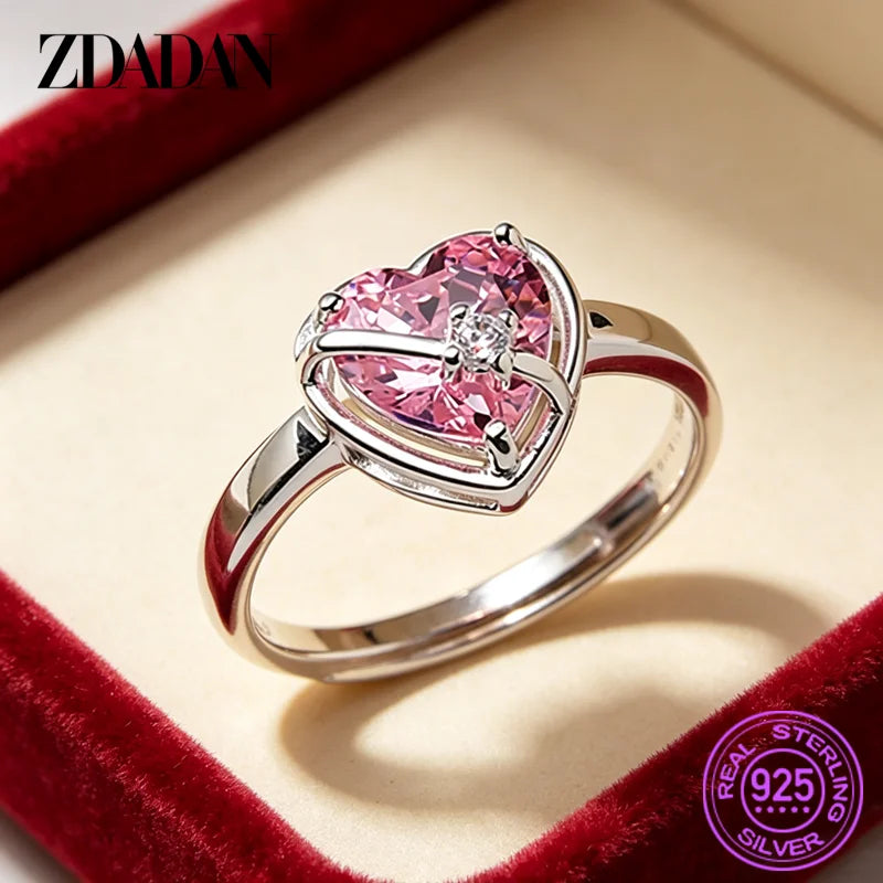 ZDADAN 925 Sterling Silver Heart Pink Zircon Ring For Women Fashion Jewelry Gifts
