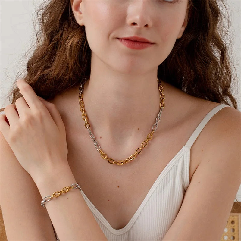 EILIECK 316L Stainless Steel Silver Color High Quality Metal Chain Necklace Bracelet Set Waterproof Popular Casual Jewelry Women