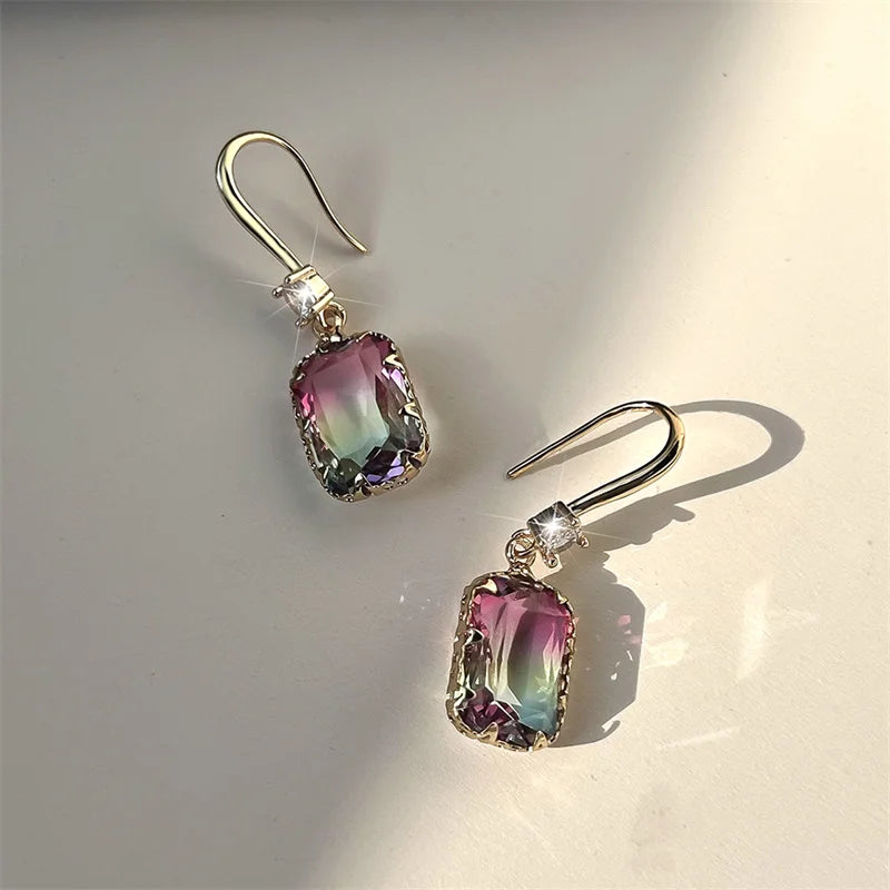 Cute Female Red Green Rainbow Drop Earrings Luxury White Crystal Earrings Yellow Gold Color Wedding Earrings For Women