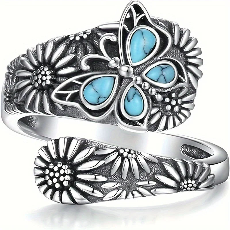 Vintage Bohemian Faux Turquoise Ring Fashion Butterfly Skeleton Ring Fashionable Temperament Ethnic Style Women's Jewelry