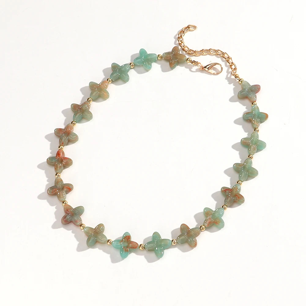 Cute Colorful Geometric Flower Beaded Choker Necklace Sweet Resin Beads Necklaces for Women Spring Summer Jewelry Gifts