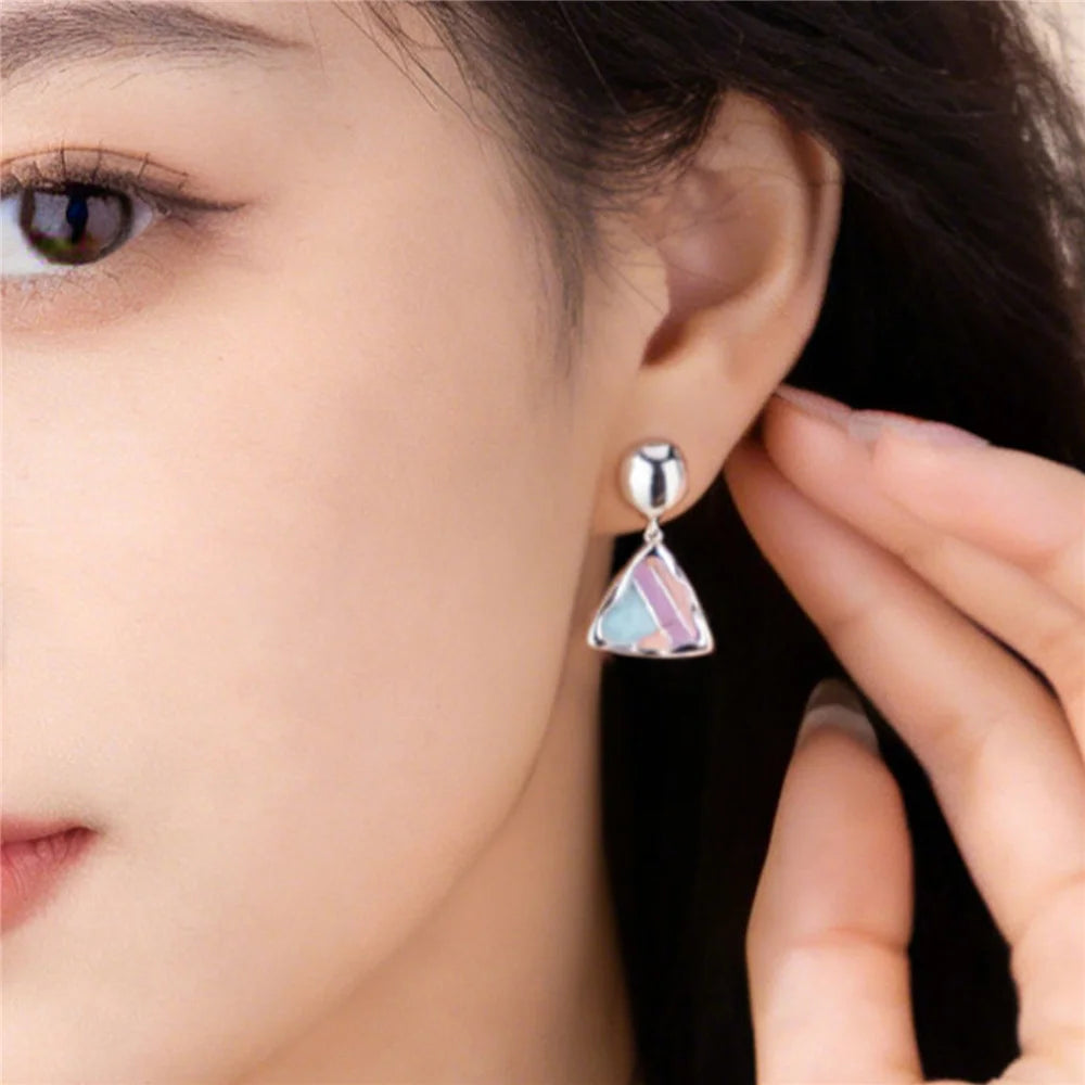 Cute Charm Female Small triangle Rainbow Enamel New Fashion Drop Dangle Earrings Unique Silver Color Wedding Jewelry For Women