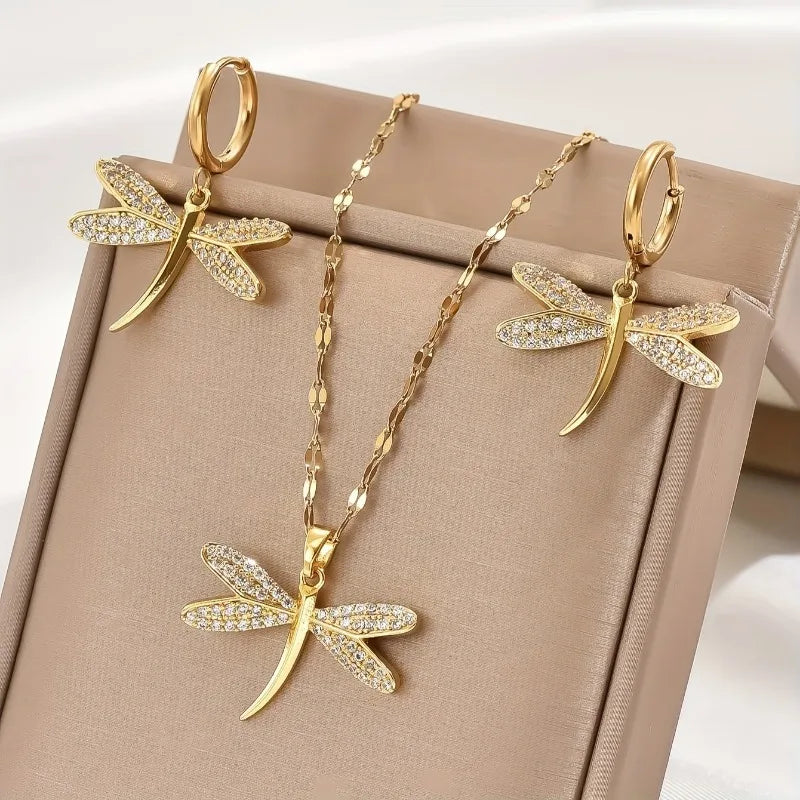 Fashion Gold Color Copper Dragonfly Earrings Necklace Set Zirconia Sparkling Temperament Women Wedding Jewellery Set Accessories