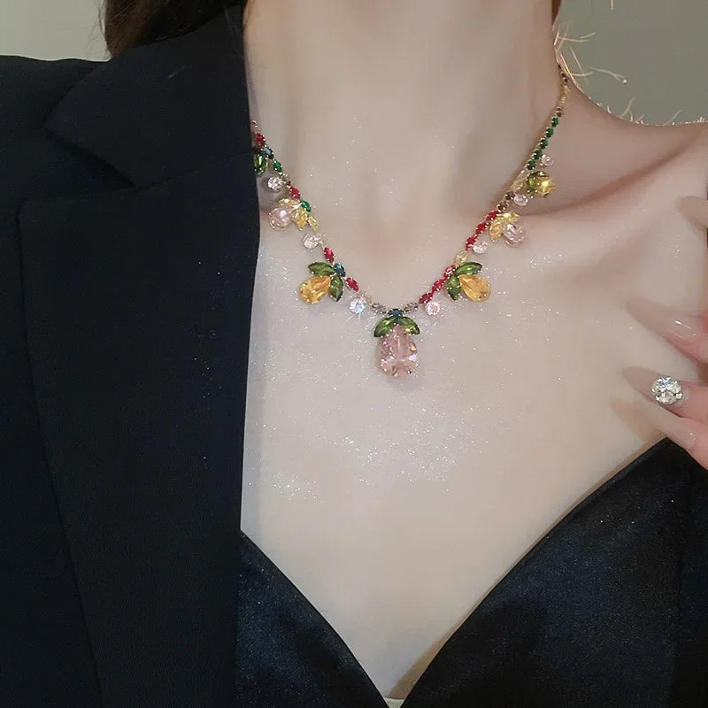 2 Pcs Color-block Water Drop Zircon Pendant Necklaces Set Party Retro Leaf Dangle Earrings Daity Banquet Gathering Anniversary H