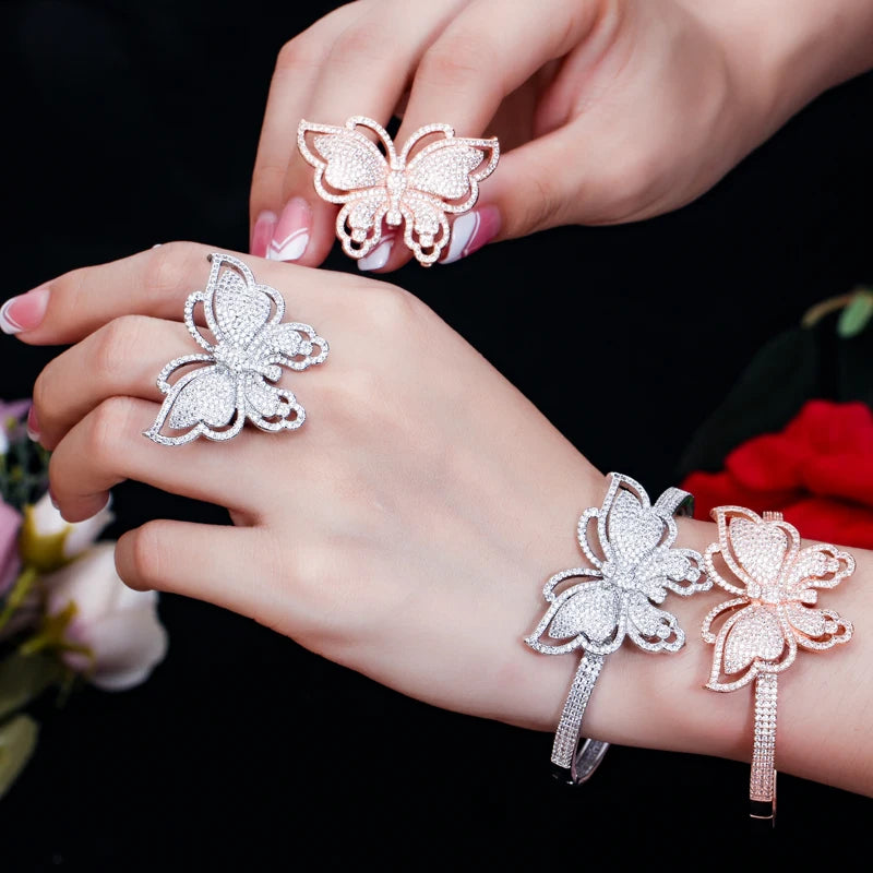 ThreeGrace Luxury Sparkling Cubic Zirconia Wedding Bridal Party Big Butterfly Finger Ring and Bangle Jewelry Set for Women JS543