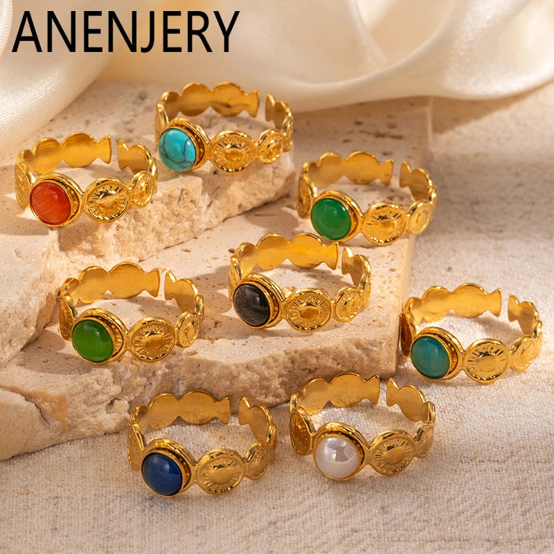 ANENJERY 316L Stainless Steel Colorful Stone Round Card Sun Open Ring for Women Men Niche Special Jewelry Gifts Wholesale