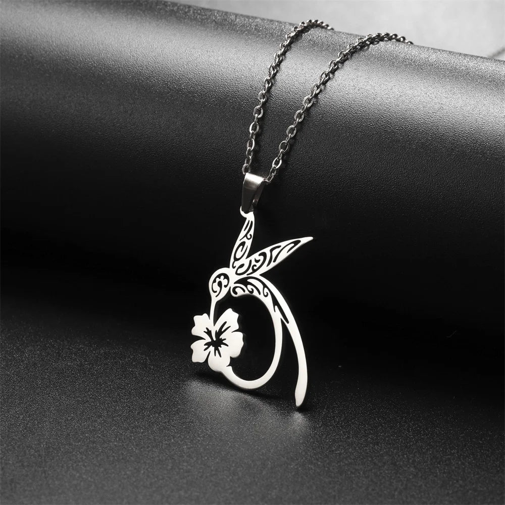 My Shape Hummingbird Flower Pendant Necklaces for Women  Bird Floral Stainless Steel Chain Choker Fashion Jewelry Gifts