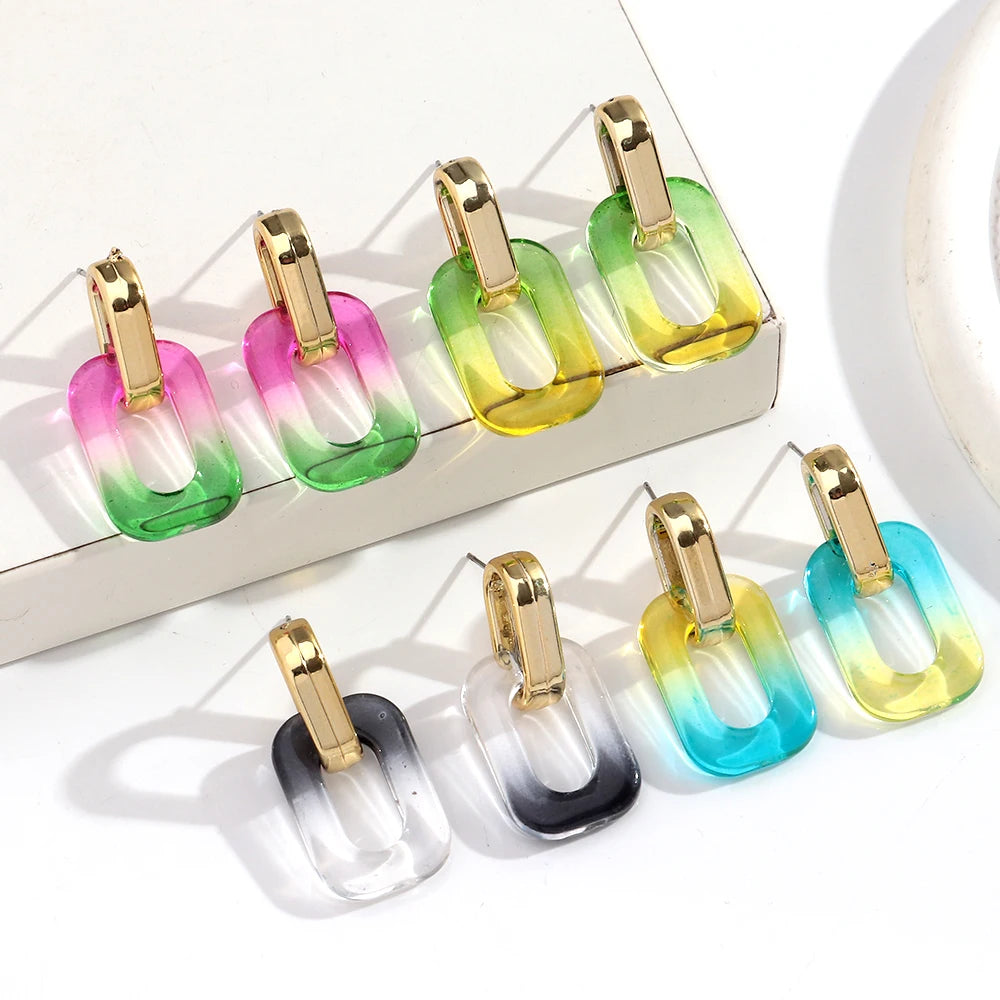 Fashion Acrylic Gradient Color Geometric Buckle Drop Earrings Transparent Iridescent Rectangle Earrings Women Wedding Jewelry