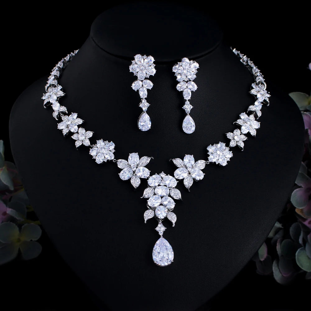 ThreeGraces Luxurious Shiny Water Drop Zirconia Long Flower Necklace Earrings Bridal Wedding Party Jewelry Set for Women T1028