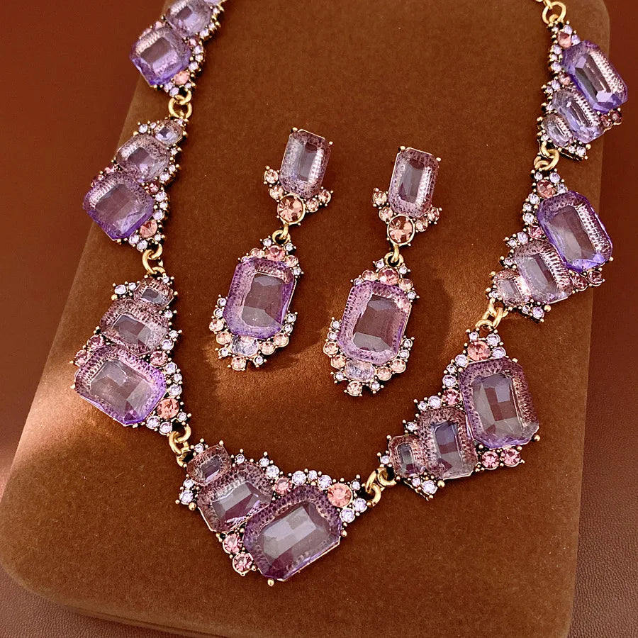 1 Pcs Purple Square Rhinestones Chokers Necklaces Retro Shiny Geometric Drop Earring Luxury Jewelry Set Gifts Wedding Party N