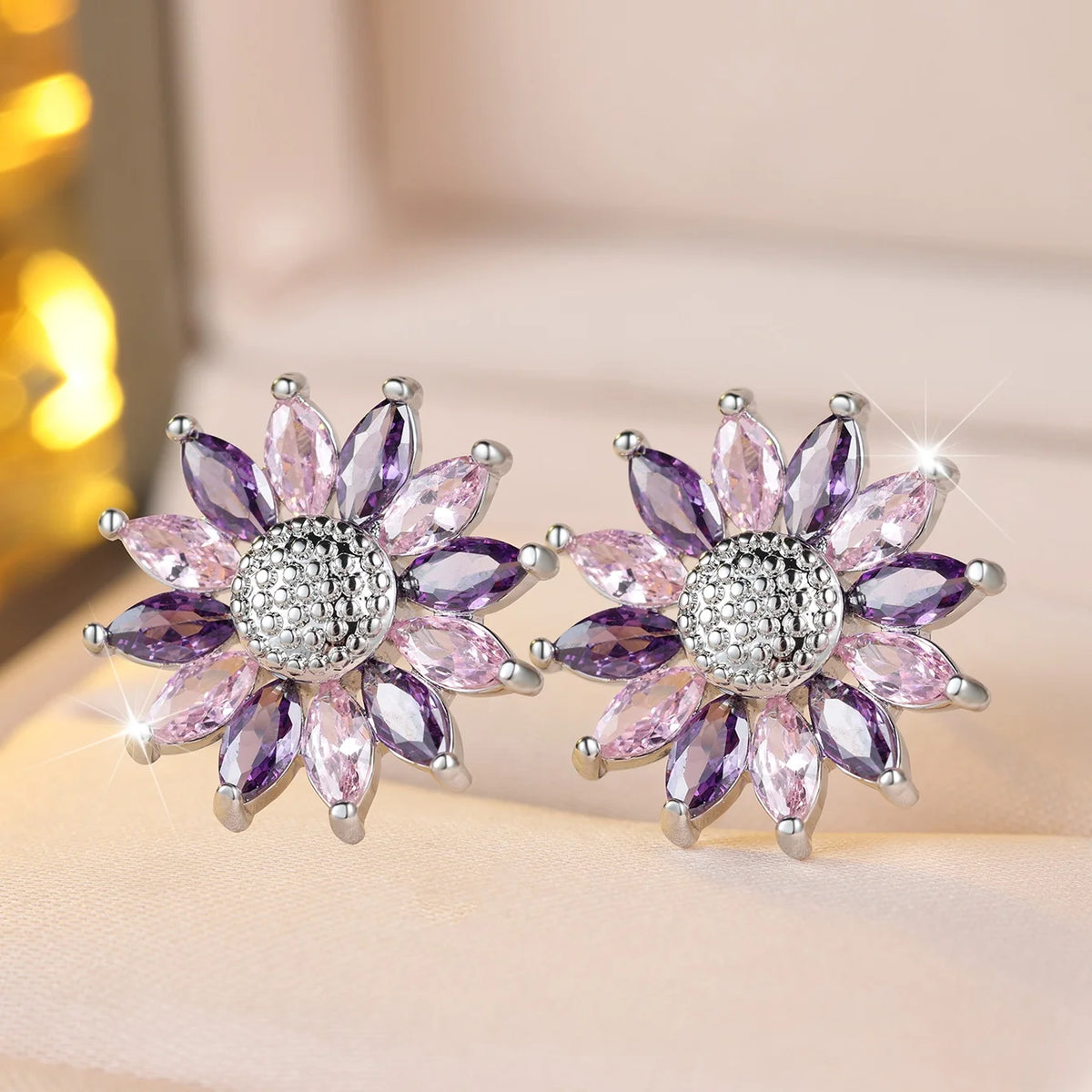 Small SunFlower Purple Zircon Stone Stud Earrings For Cute Women New Trendy Silver Color Birthstone Wedding Jewelry Bridal Gifts