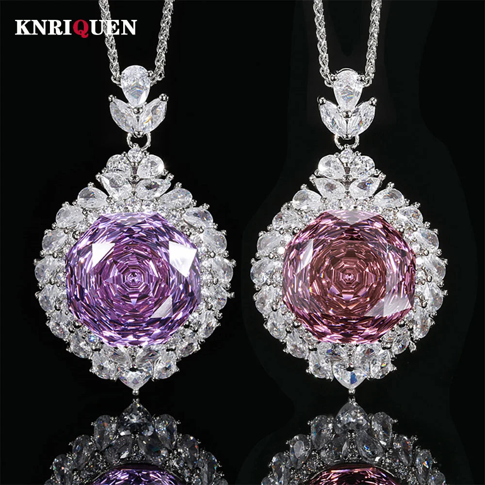 New Arrival 18*18mm Amethyst Pink Quartz Lab Diamond Pendant Necklace for Women Cocktail Party Fine Jewelry Accessories Gifts