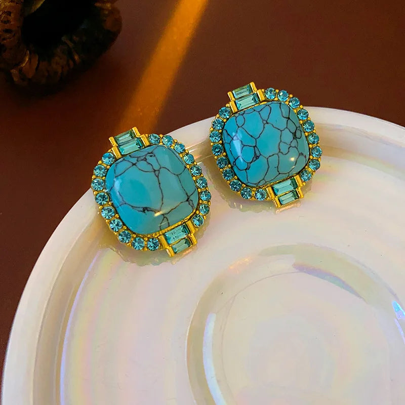 Exquisite Artificial Blue Turquoise Stone Stud Earings Retro Round Square Rhinestones Ear Stud for Lady High-end Jewelry Gift N1