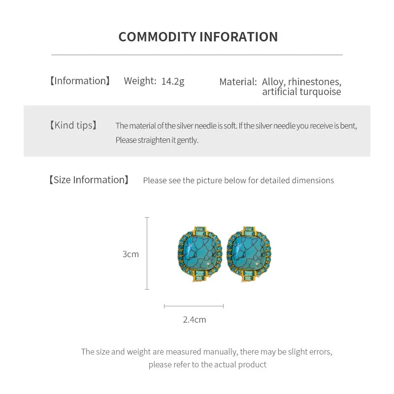Exquisite Artificial Blue Turquoise Stone Stud Earings Retro Round Square Rhinestones Ear Stud for Lady High-end Jewelry Gift N1