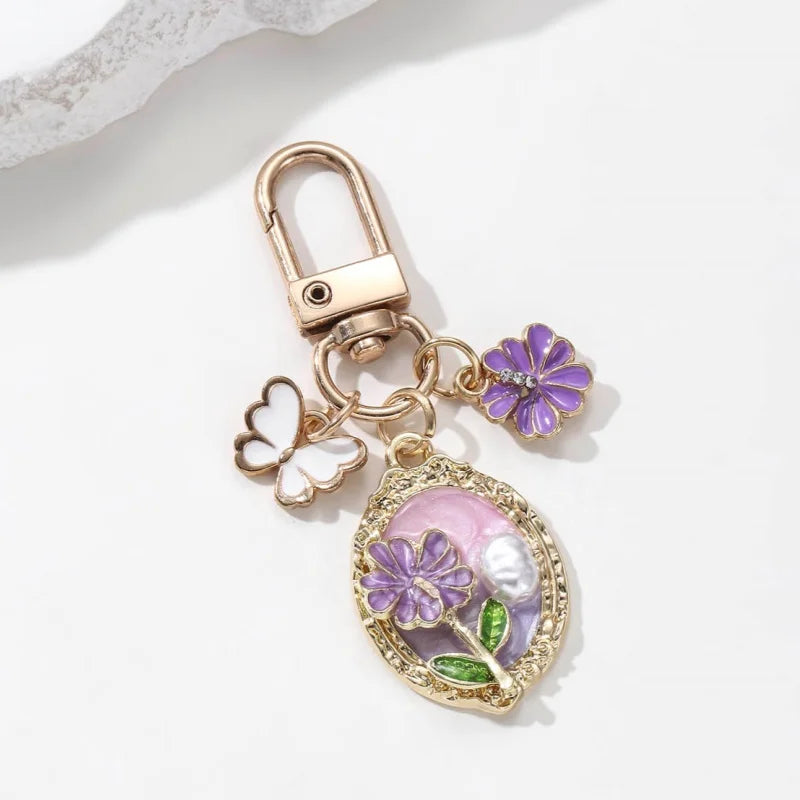 Pretty Flower Pearl Butterfly Enamel Keychain Cartoon Baroque style Plant Key Ring For Women Girls Handmade Gift DIY Jewelry