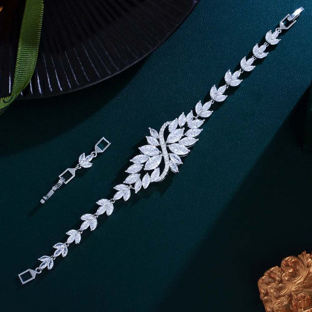 ThreeGraces Luxury Shiny Multicolor Zirconia Big Leaf Bracelet for Women Fashion Bridal Wedding Evening Party Jewelry BR402