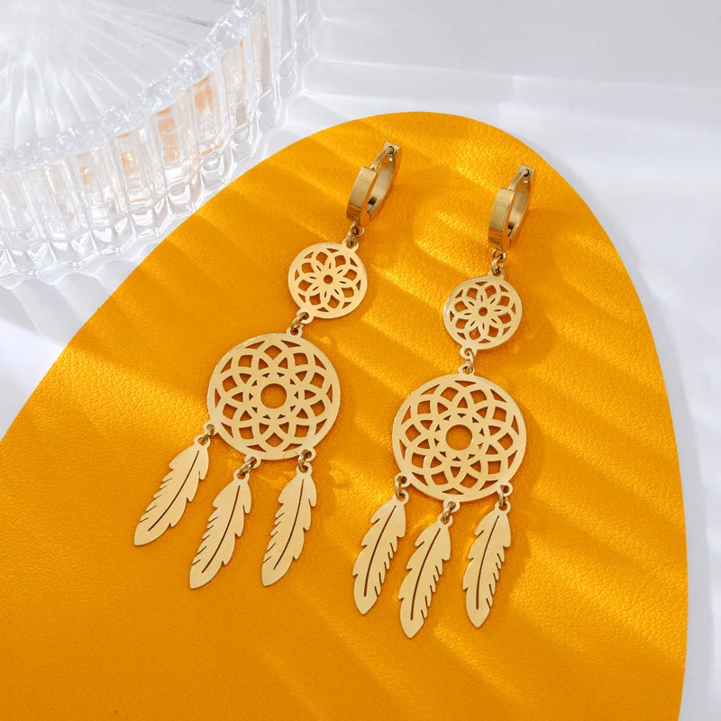 EILIECK 316L Stainless Steel Feather Dream Catcher Dangle Earrings For Women 2024 New Fashion Ear Drop Waterproof Jewelry Gift