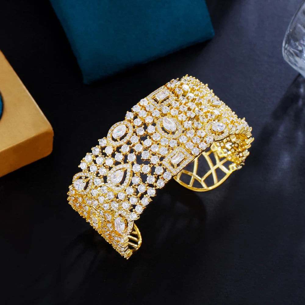 ThreeGraces Luxury Shiny Cubic Zirconia Big Wide Bridal Wedding Open Size Bangle for Women Gorgeous Dubai Party Jewelry B083
