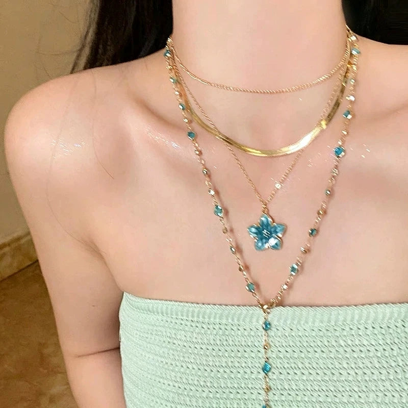 4Pcs/Set Summer Flower Pendant Multi Layer Crystal Pearl Gold Color Chain Necklace Sets For Women 2026 Trendy Boho Neck Jewelry