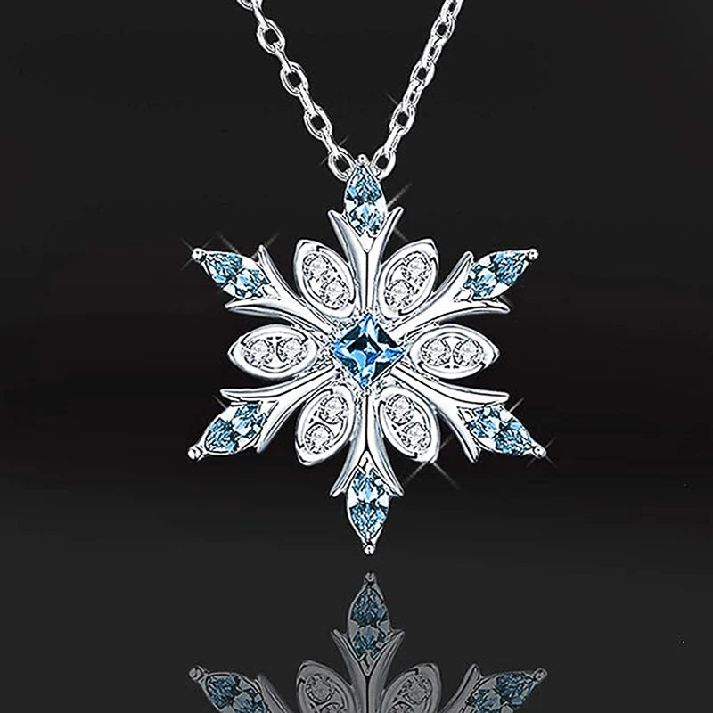 Huitan Christmas Snowflake Pendant Necklace Lady Chic Bright White&Blue Zirconia Accessories Exquisite New Year's Gift Jewelry