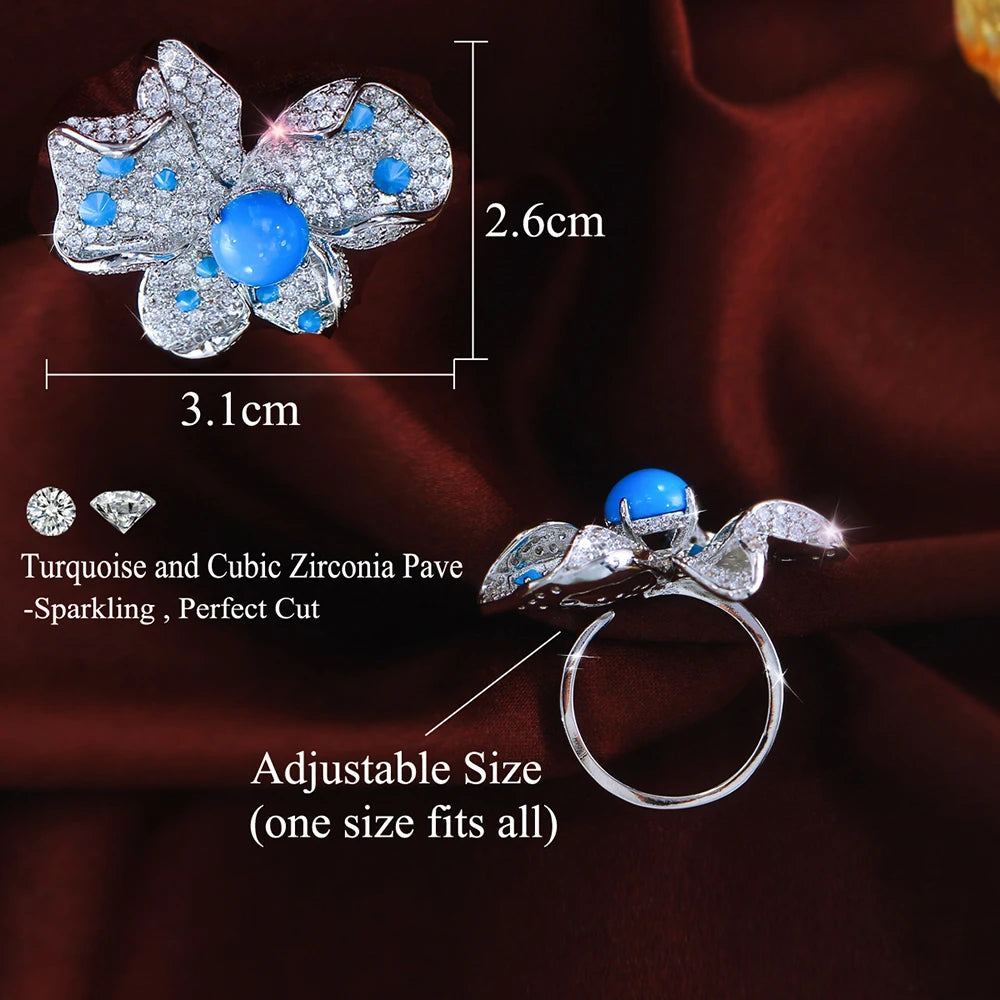 ThreeGraces 2026 New Trendy Synthetic Turquoise Bridal Wedding Evening Party Big Butterfly Ring for Women Bohemian Jewelry RG170