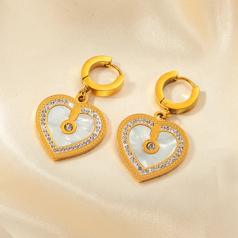 ANENJERY 316L Stainless Steel Double sided Heart Shiny Zircon Necklace Earrings For Women Niche Vintage Jewelry Gifts Wholesale