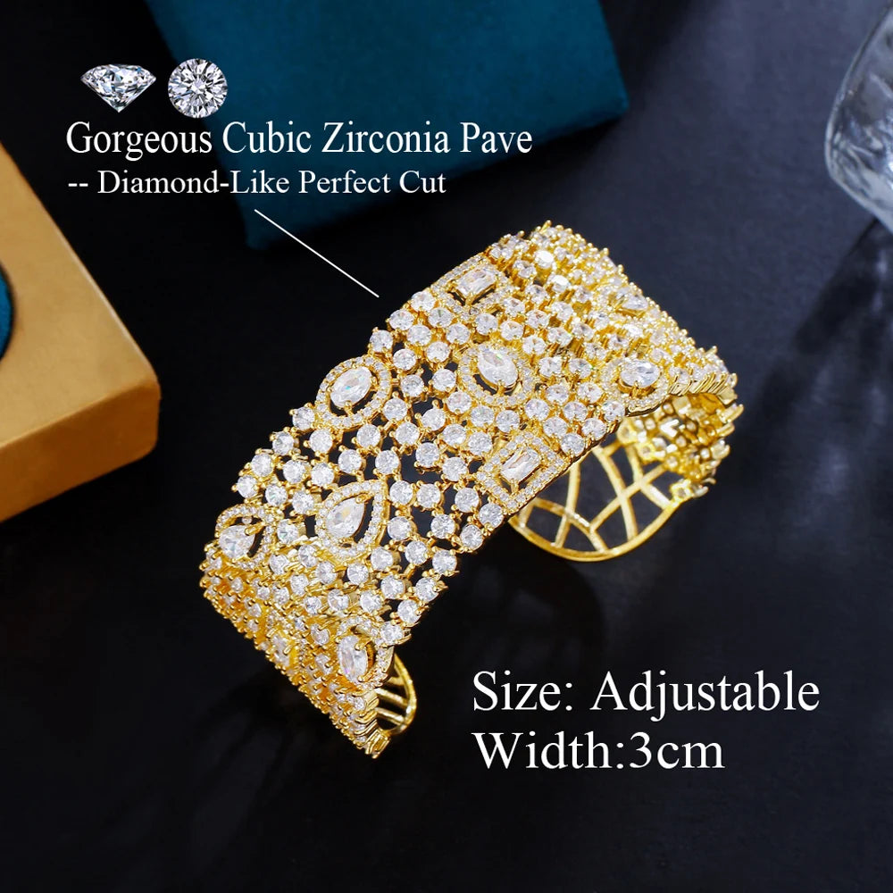 ThreeGraces Luxury Shiny Cubic Zirconia Big Wide Bridal Wedding Open Size Bangle for Women Gorgeous Dubai Party Jewelry B083