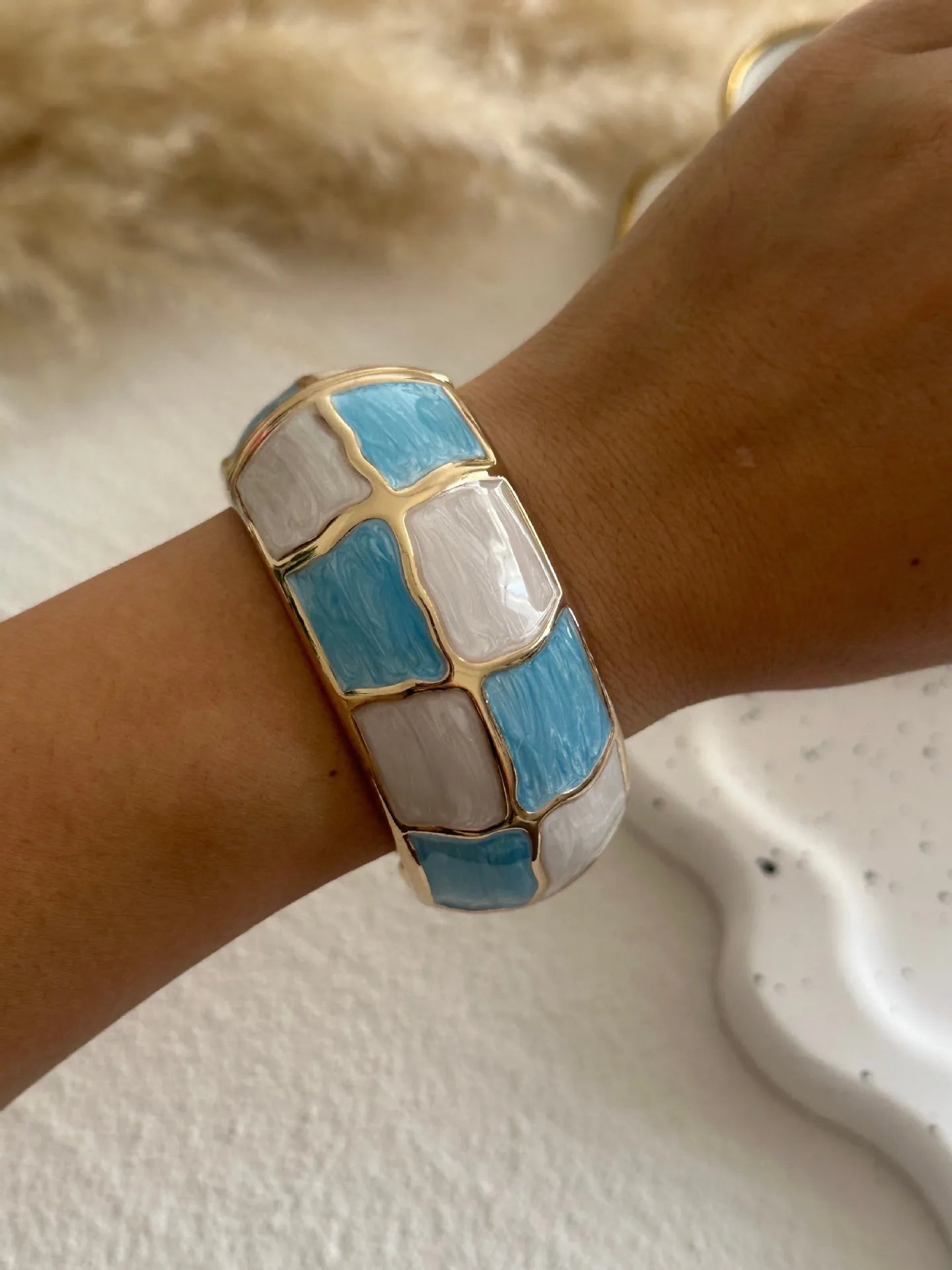 KMVEXO Punk Blue White Dripping Oil Zinc Alloy Enamel Bangles Geometric Wide Cuff Spring Bangle Bracelets For Women Jewelry