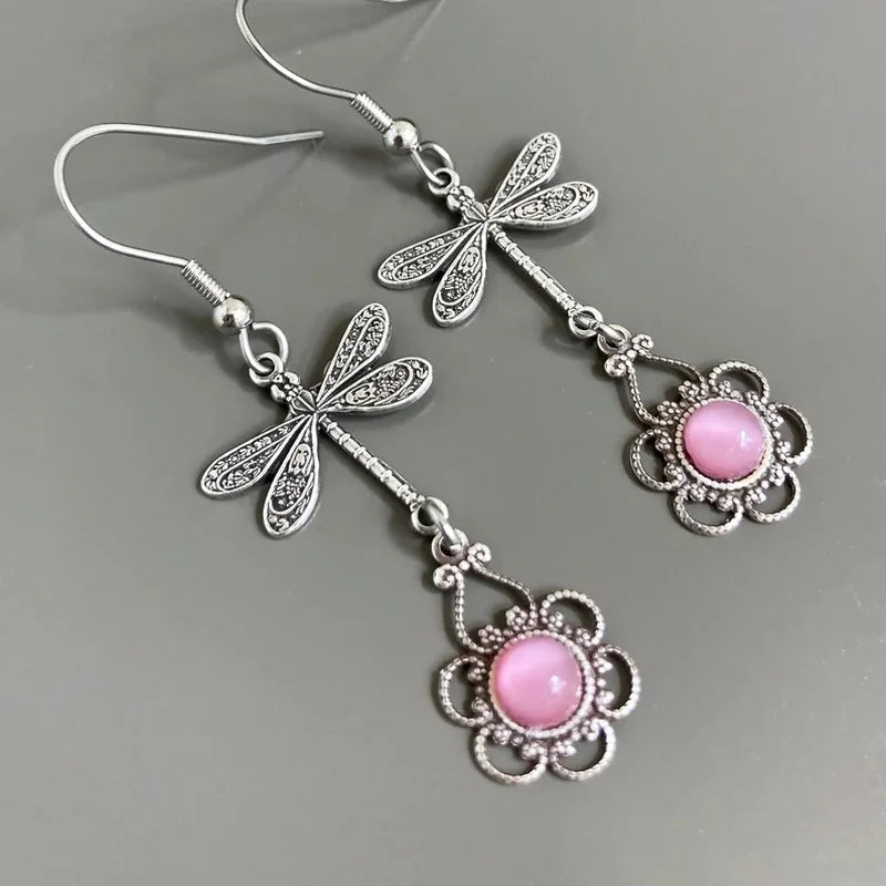 Vintage Retro Bohemian Geometric Pink Stone Dragonfly Drop Earrings for Women Fashionable Boho Ethnic Style Flower Party Jewelry